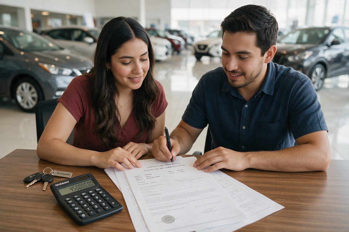 Pareja revisa un contrato de compra de auto