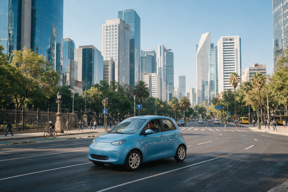 Auto eléctrico azul en Paseo de la Reforma