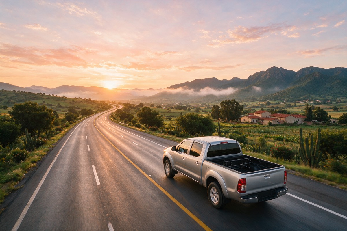 Pickup plateada en una carretera del Bajío