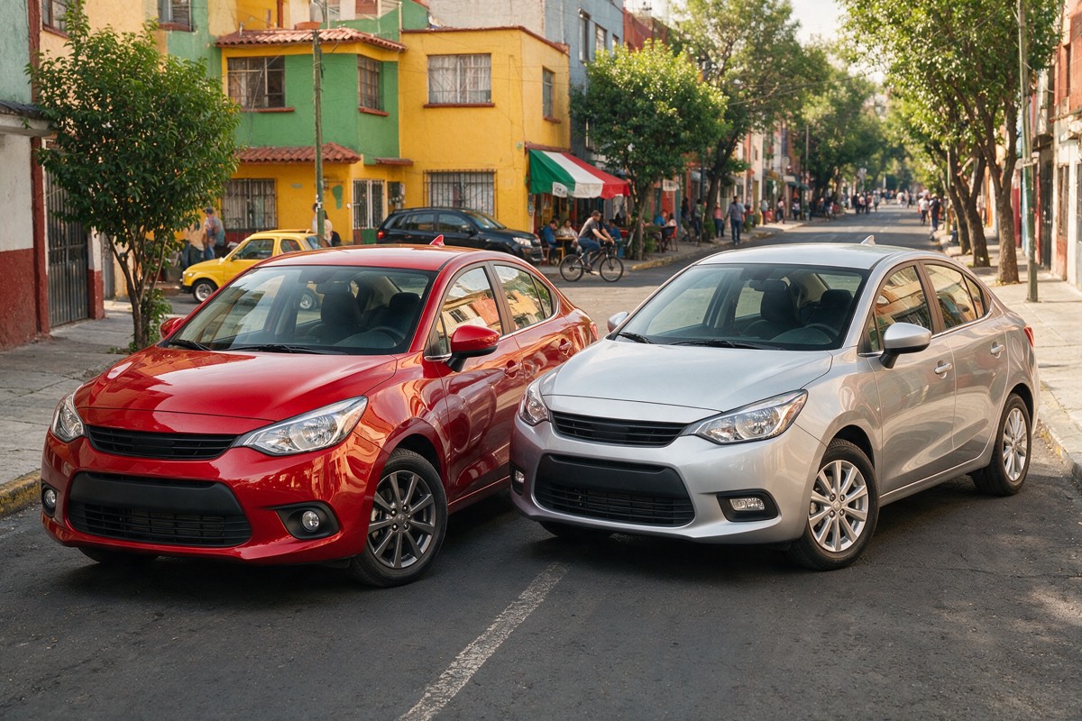 Dos sedanes estacionados lado a lado en la Ciudad de México